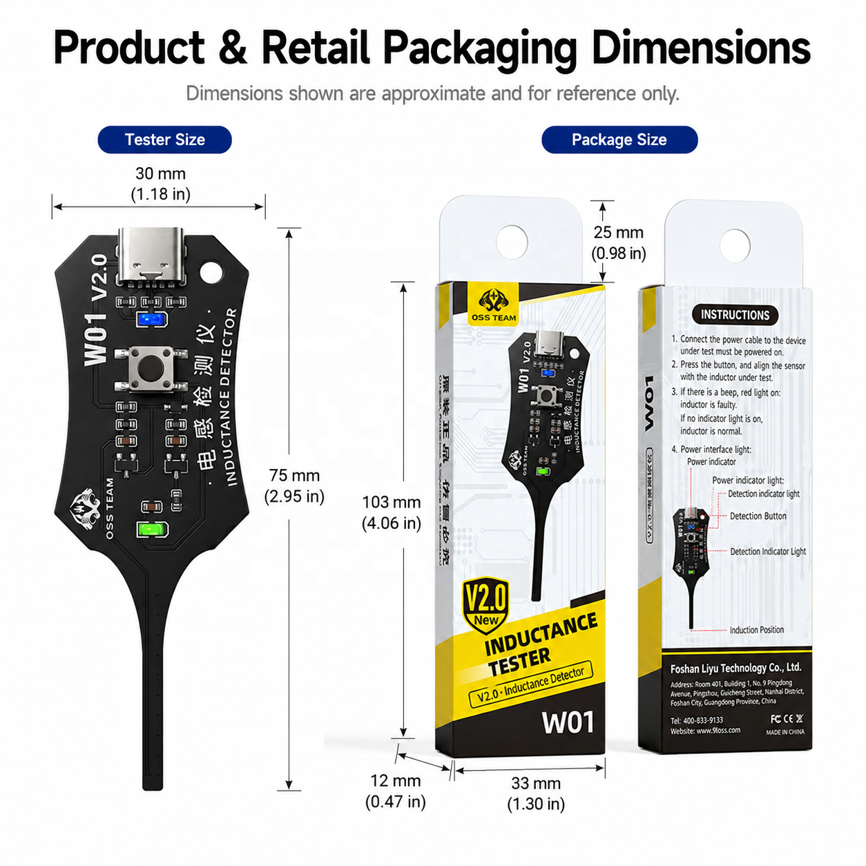 Testeur d'inductance OSS W01 V2.0 - dimensions et emballage