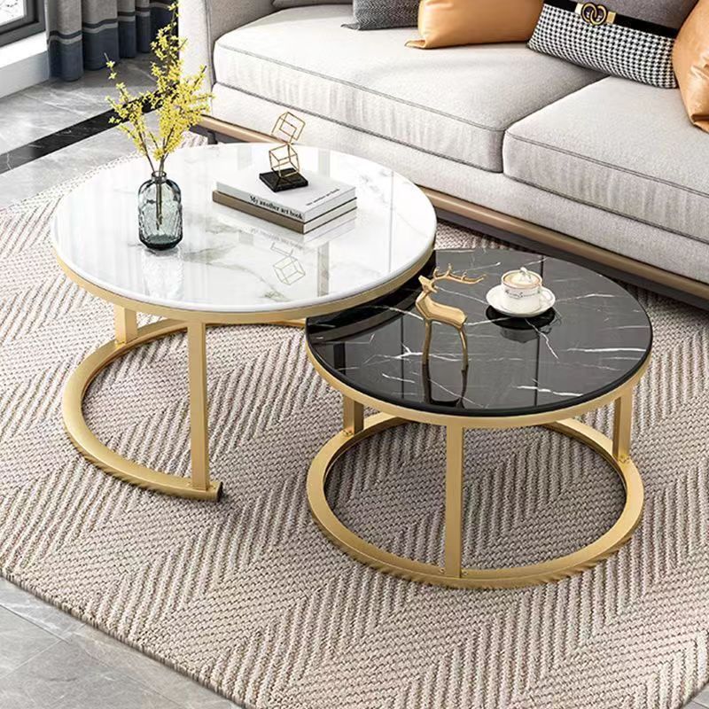 Set 2 Tables Basses Rondes Effet Marbre - Pieds Dorés