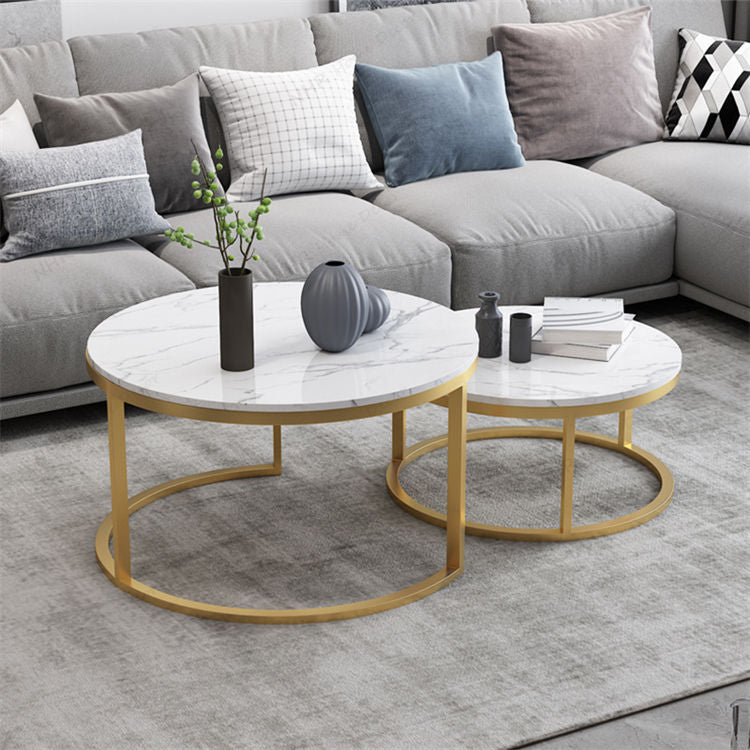 Set 2 Tables Basses Rondes Effet Marbre - Pieds Dorés